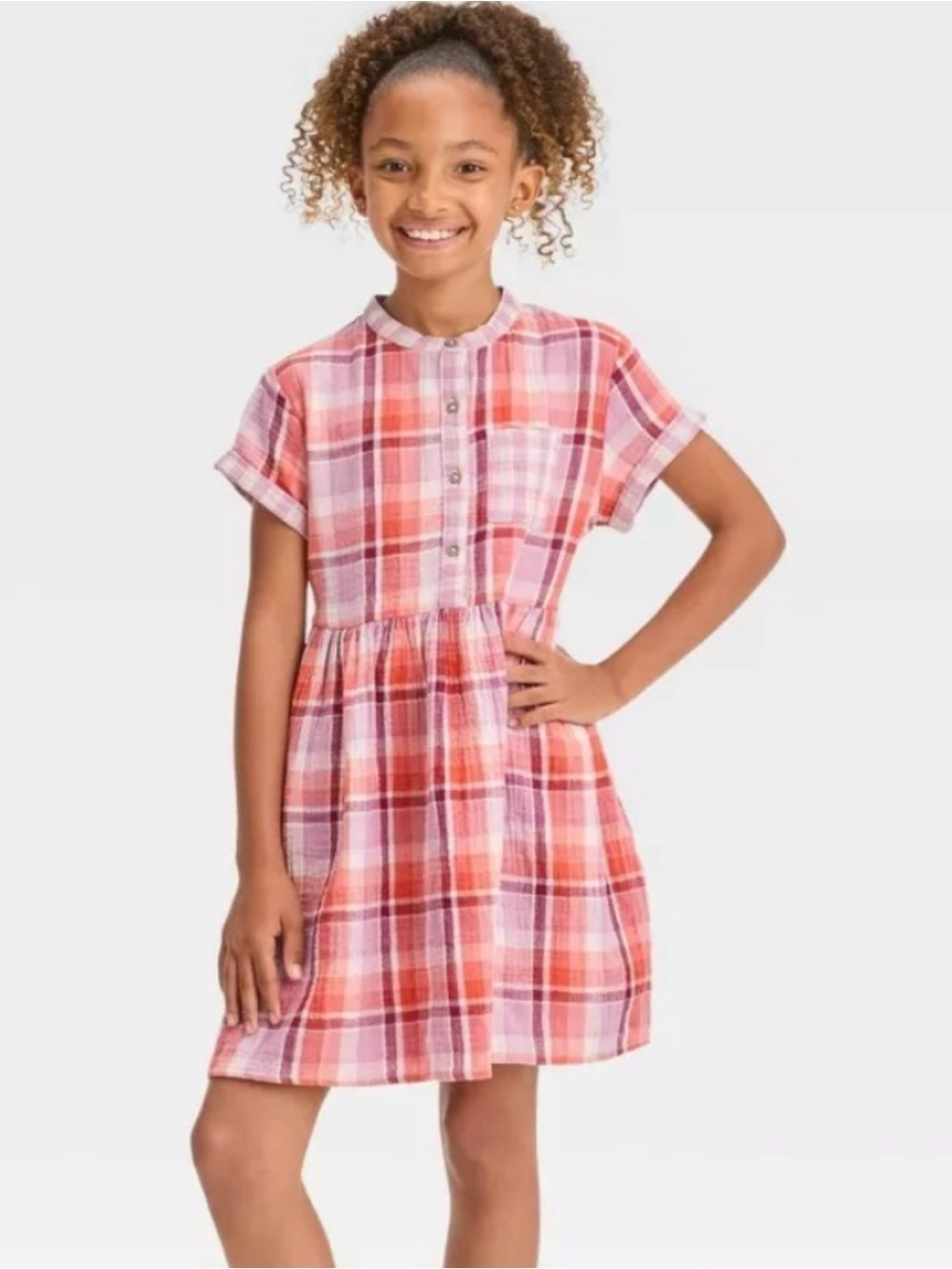 Cat & Jack Orange Burgundy Purple Plaid Gauzy Cotton Dress Youth L 10/12